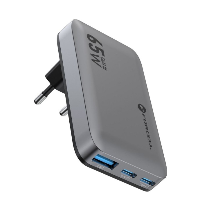 Мережевий зарядний пристрій для телефону Forcell F-Energy Ultra Slim GaN III 2 x USB C + USB A QC4.0 PD 4A 65W VT-47 сірий 0INT