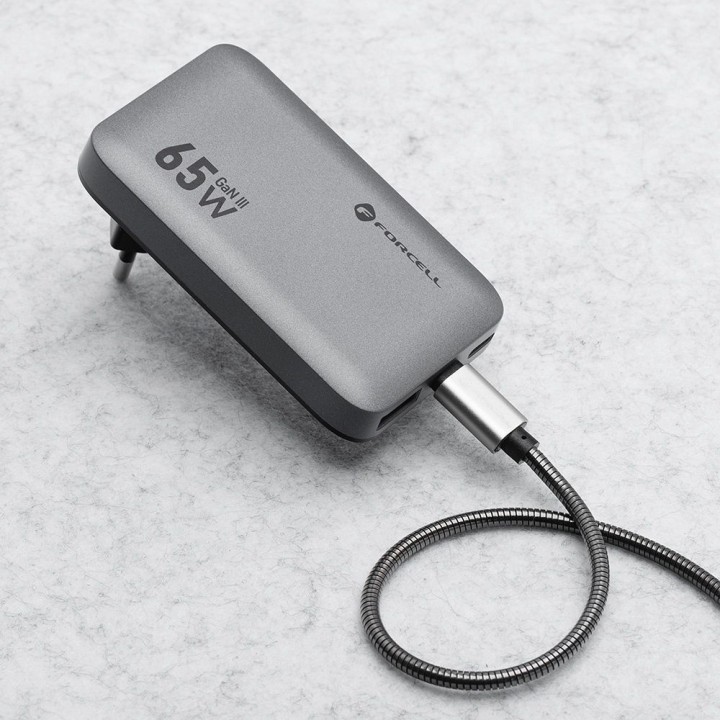 Мережевий зарядний пристрій для телефону Forcell F-Energy Ultra Slim GaN III 2 x USB C + USB A QC4.0 PD 4A 65W VT-47 сірий 0INT