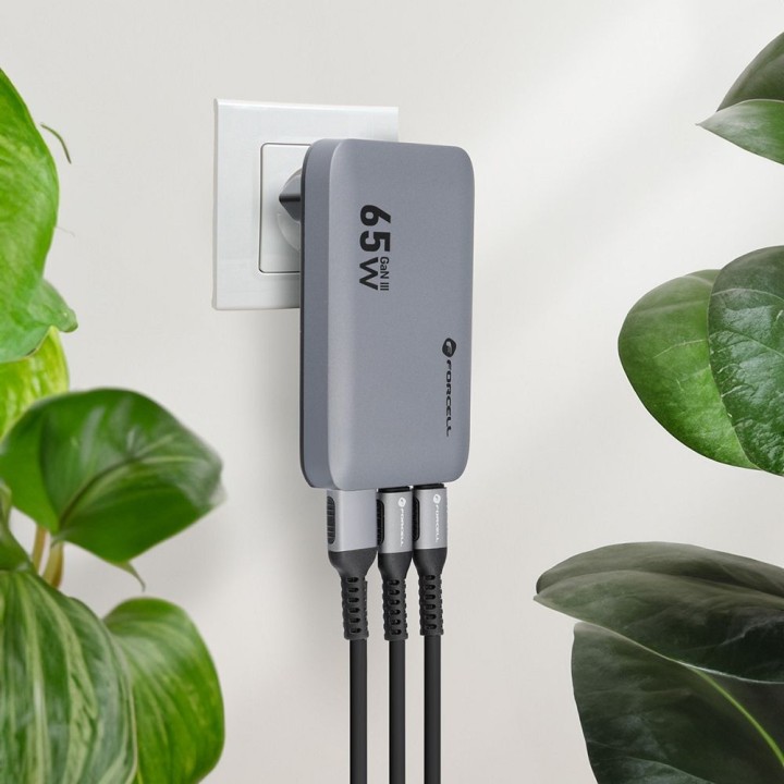Wall charger for phone Forcell F-Energy Ultra Slim GaN III 2 x USB C + USB A QC4.0 PD 4A 65W VT-47 grey 0INT
