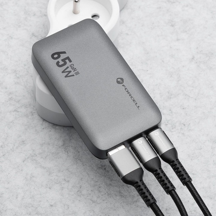 Мережевий зарядний пристрій для телефону Forcell F-Energy Ultra Slim GaN III 2 x USB C + USB A QC4.0 PD 4A 65W VT-47 сірий 0INT