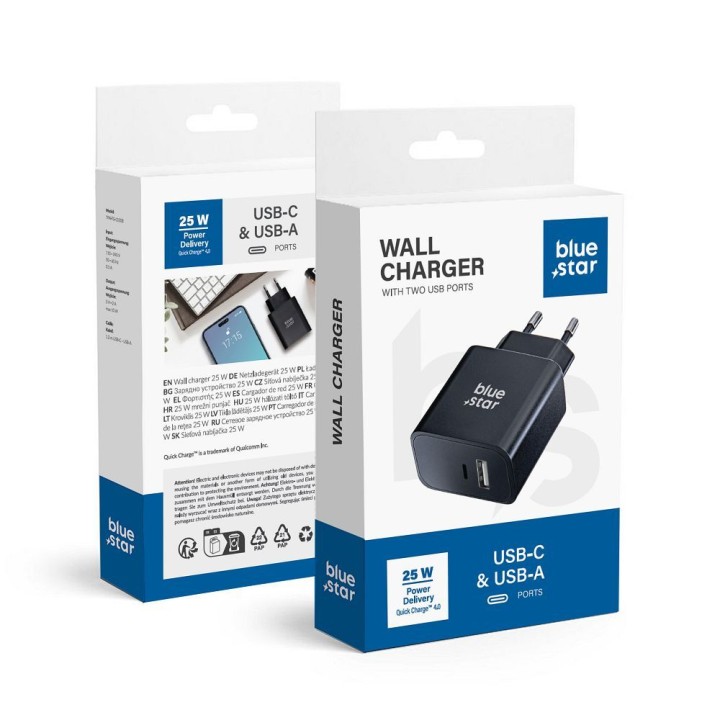 Мережевий зарядний пристрій для телефону Blue Star USB C + USB A QC4.0 PD 3A 25W TFB-TC-25WPD чорний