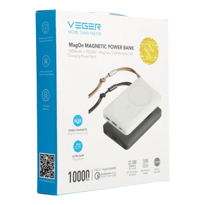 Повербанк сумісний з MagSafe Veger MagOn (VP1151 / W1151) PD QC3.0 2A 20W із зарядкою бездротовим 10000 mAh білий 0INT