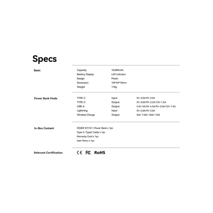 Powerbank zgodny z MagSafe Veger MagOn (VP1151 / W1151) PD QC3.0 2A 20W z ładowaniem indukcyjnym 10000 mAh biały 0INT