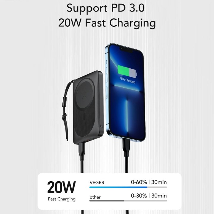 Power bank MagSafe compatible Veger MagOn (VP1151 / W1151) PD QC3.0 2A 20W with charging wireless 10000 mAh white 0INT
