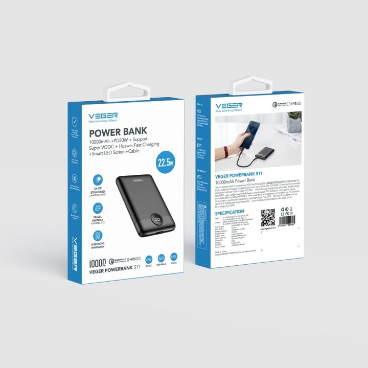 Power bank Veger S11 (W1140) PD QC3.0 2A 22,5W 10000 mAh black 0INT