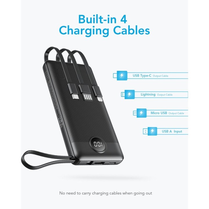 Повербанк Veger C10 (W1116) 10000 mAh с встроенными кабелями Micro USB / Тип C / Lightning черный