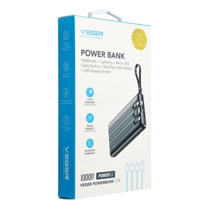 Power bank Veger C10 (W1116) 10000 mAh with built-in cables Micro USB / Type C / Lightning black