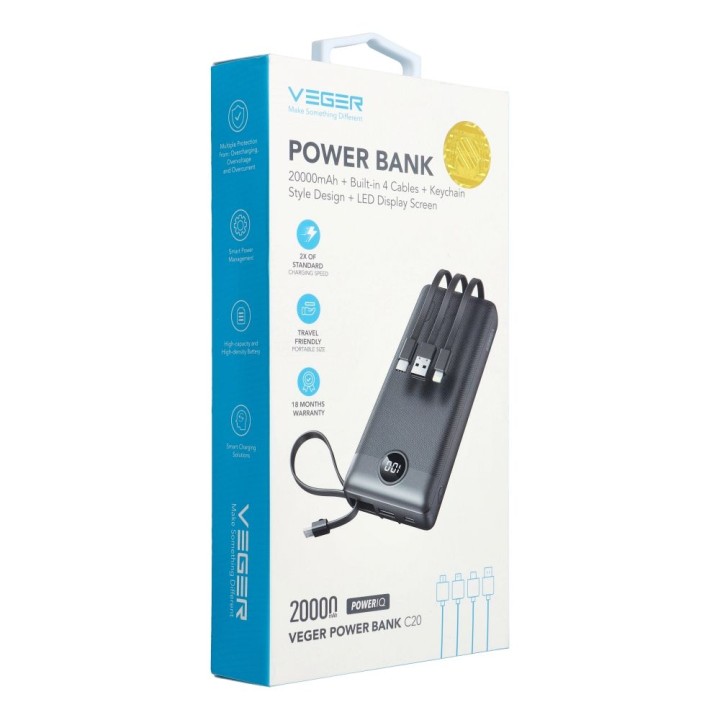 Power bank Veger C20 (W2047 / W2059) 20000 mAh with built-in cables Micro USB / type C / Lightning black