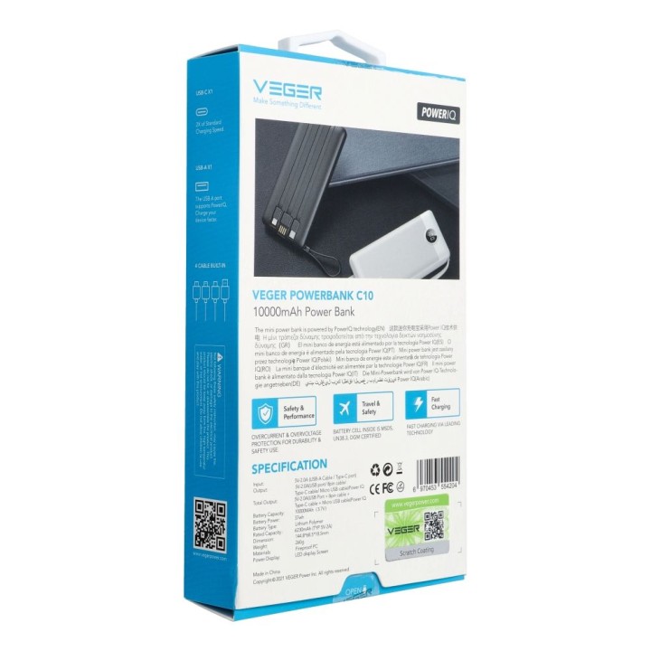 Повербанк Veger C10 (W1116) 10000 mAh з вбудованими кабелями Micro USB / Тип C / Lightning чорний