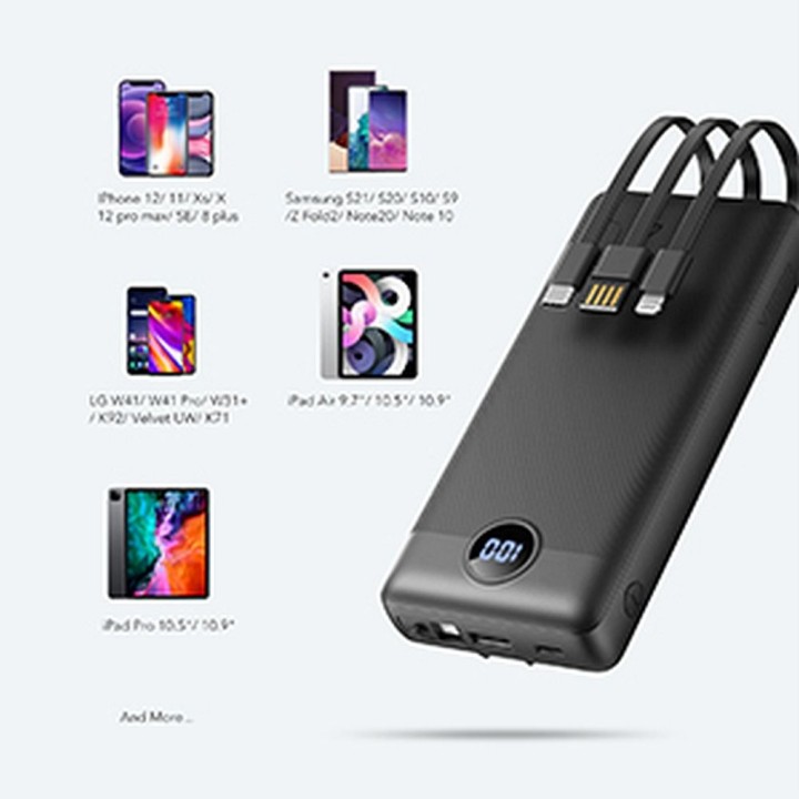 Повербанк Veger C20 (W2047 / W2059) 20000 mAh із вбудованими кабелями Micro USB / тип C / Lightning чорний