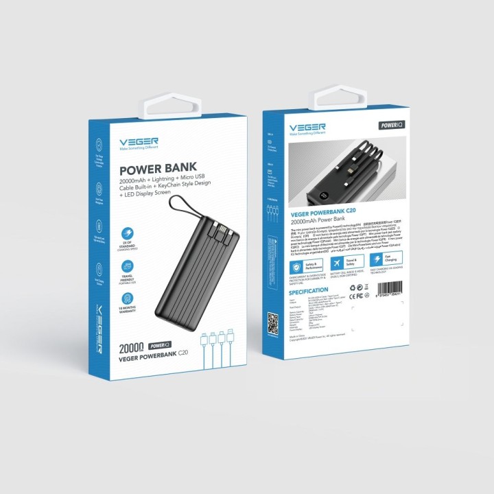 Повербанк Veger C20 (W2047 / W2059) 20000 mAh с встроенными кабелями Micro USB / Тип C / Lightning черный
