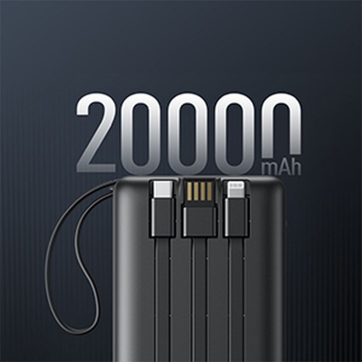 Повербанк Veger C20 (W2047 / W2059) 20000 mAh із вбудованими кабелями Micro USB / тип C / Lightning чорний