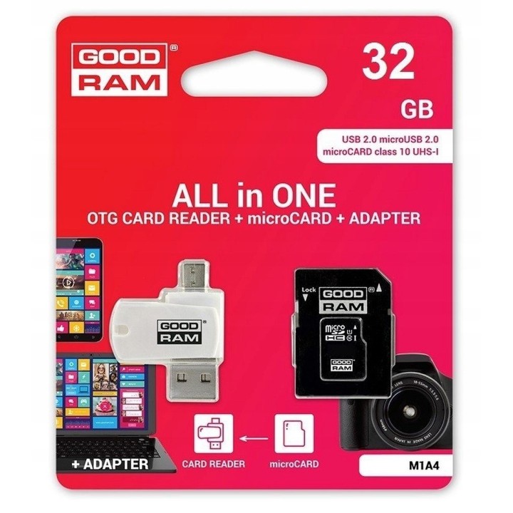 GOODRAM memory card reader USB A + Micro USB ALL IN ONE M1A4 + card microSD 32GB with adapter