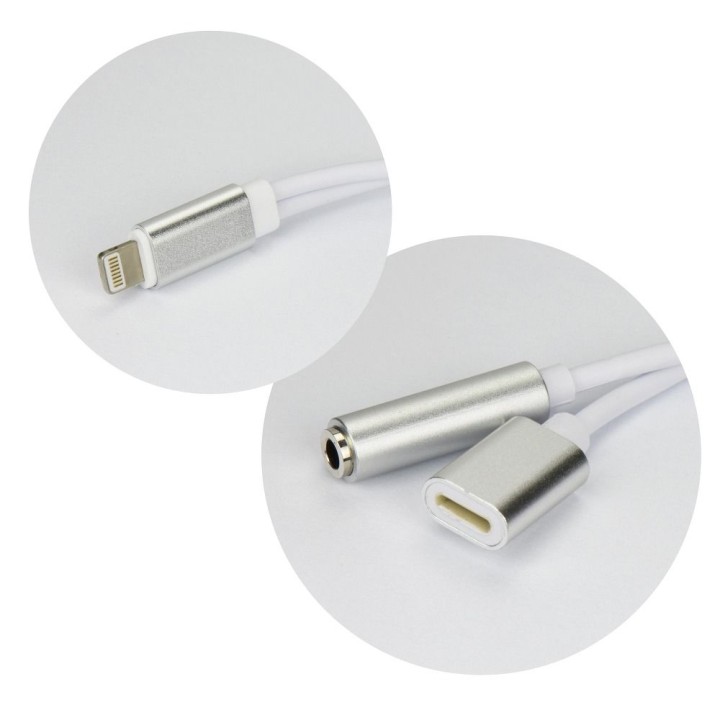 Адаптер AUX 2 в 1 Lightning [штекер (male)] на Lightning [гнездо (female)] / Jack 3,5 mm [гнездо (female)] серебристый