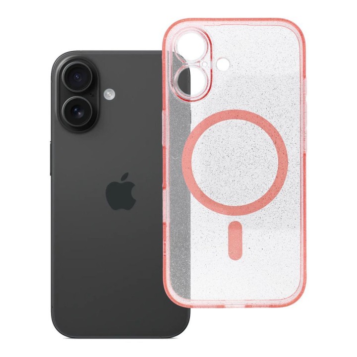 Case for iPhone 16 Clear Mag Cover - Glitter (Str / Camera Protection) MagSafe compatible pink glitter