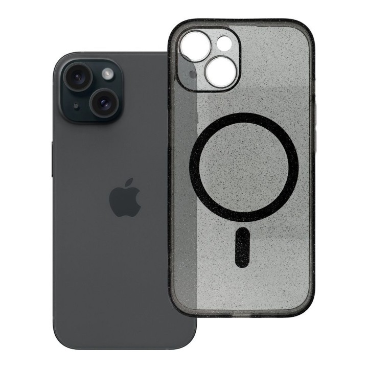 Case for iPhone 15 Clear Mag Cover - Glitter (Str / Camera Protection) compatible with MagSafe black with glitter