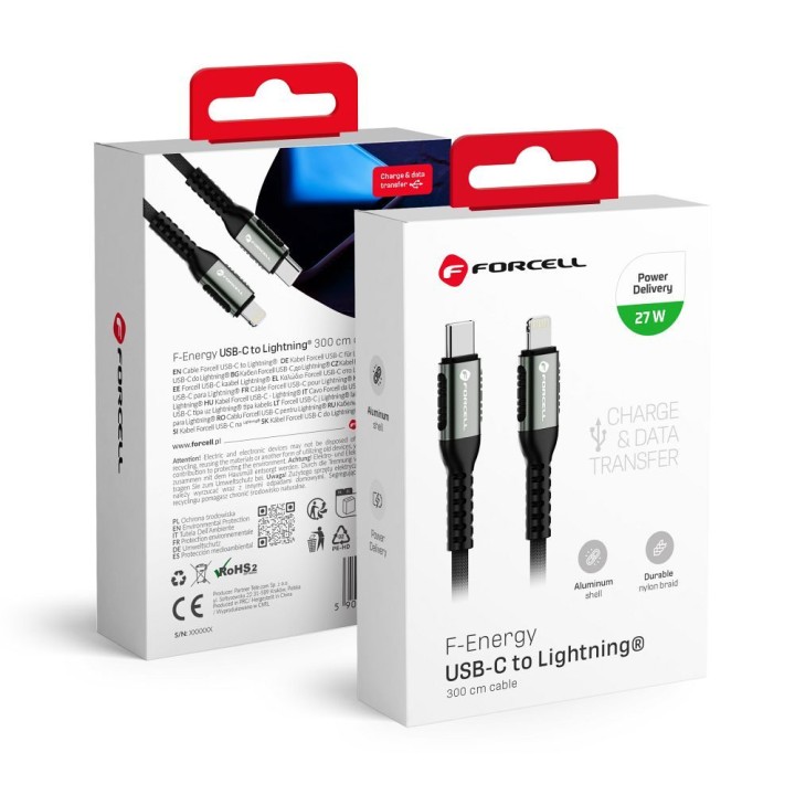 Кабель USB C — Lightning Forcell F-Energy PD 3A 27W Cafule 3 m C259 черный