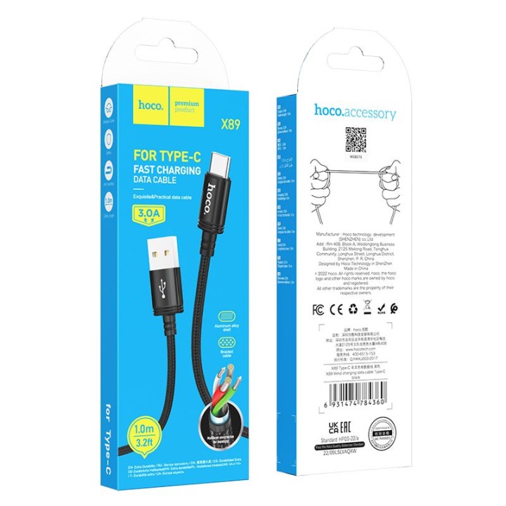 Кабель USB-A – USB-C Hoco 3A 1 m X89 чорний