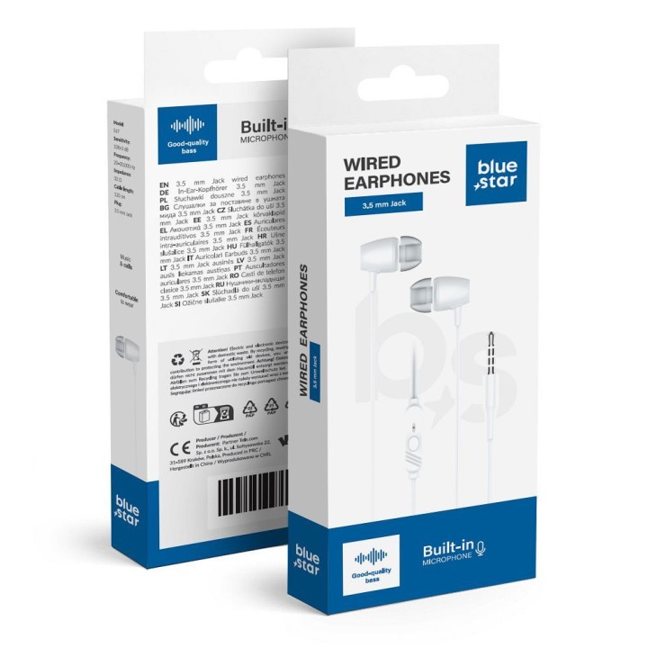 Headphones wired in-ear Jack 3,5 mm Blue Star PA-E67 1,2 m white