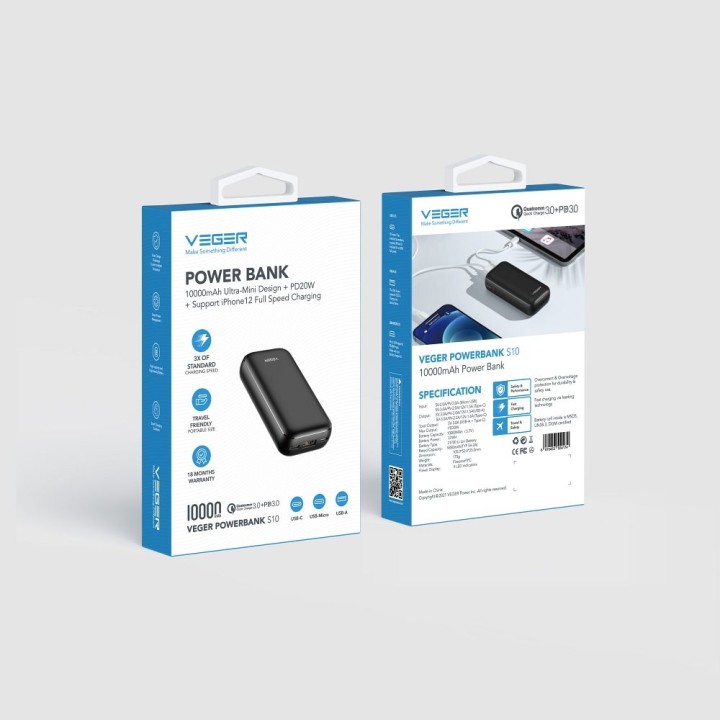 Повербанк Veger S10 (W1135) PD QC3.0 3A 20W 10000 mAh чорний
