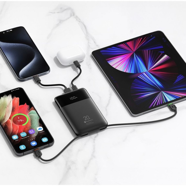 Повербанк Forcell F-Energy Multicharge F10K6 QC PD3.0 3A 22,5W 10000 mAh со встроенными кабелями USB C и Lightning черный