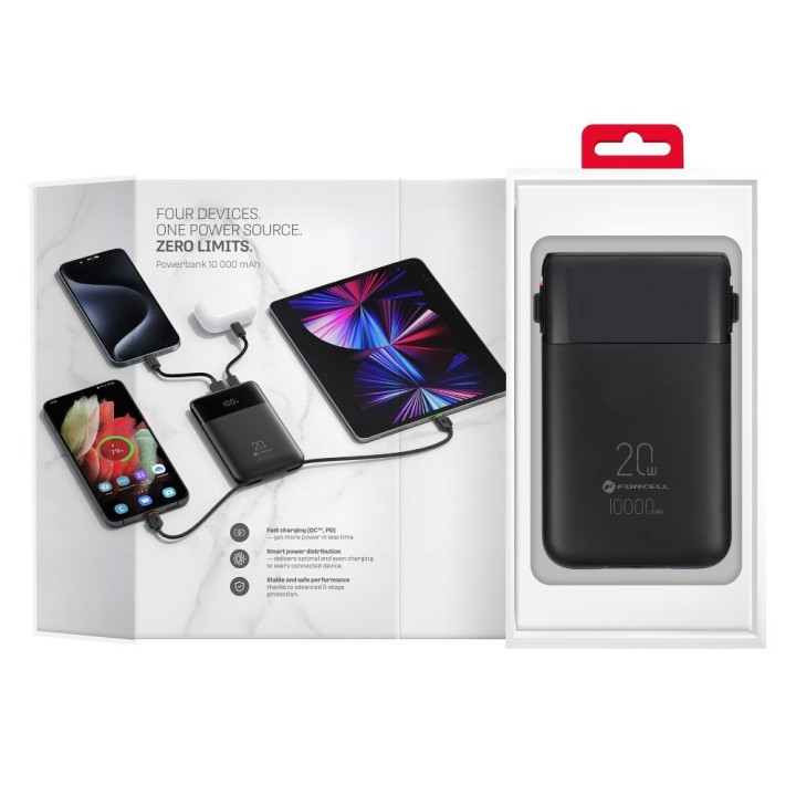 Повербанк Forcell F-Energy Multicharge F10K6 QC PD3.0 3A 22,5W 10000 mAh со встроенными кабелями USB C и Lightning черный