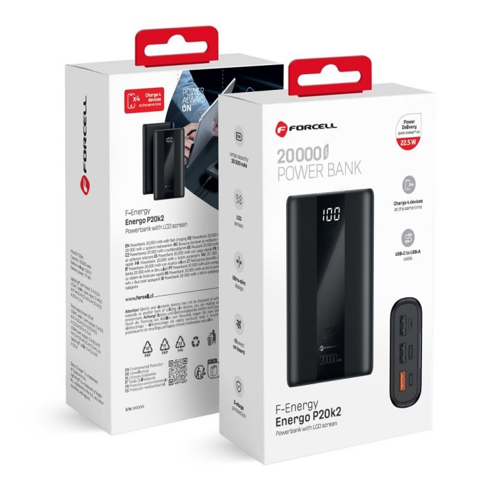 Повербанк Forcell F-Energy Energo P20K2 QC3.0 PD 3A 22,5W 20000 mAh чорний 0INT