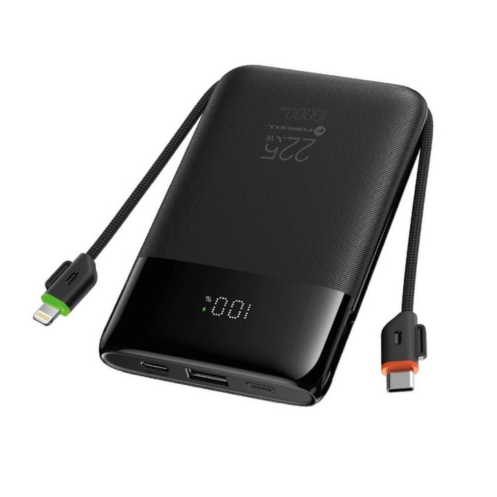 Повербанк Forcell F-Energy Multicharge F10K6 QC PD3.0 3A 22,5W 10000 mAh із вбудованими кабелями USB C та Lightning чорний