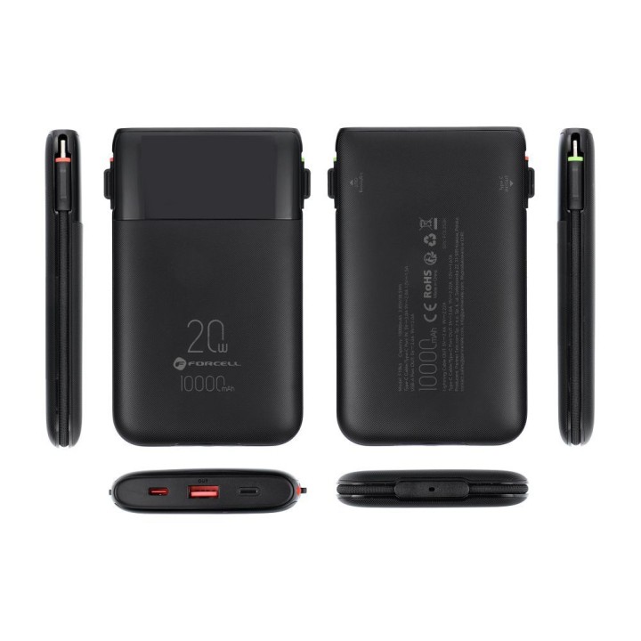 Повербанк Forcell F-Energy Multicharge F10K6 QC PD3.0 3A 22,5W 10000 mAh із вбудованими кабелями USB C та Lightning чорний