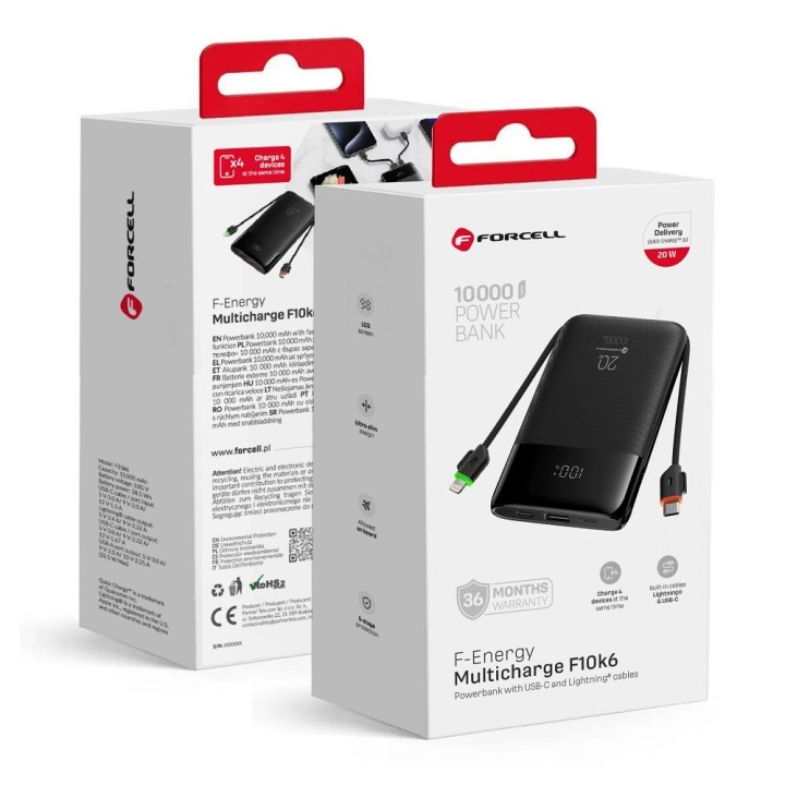 Power bank Forcell F-Energy Multicharge F10K6 QC PD3.0 3A 22,5W 10000 mAh with built-in cables USB C and Lightning black
