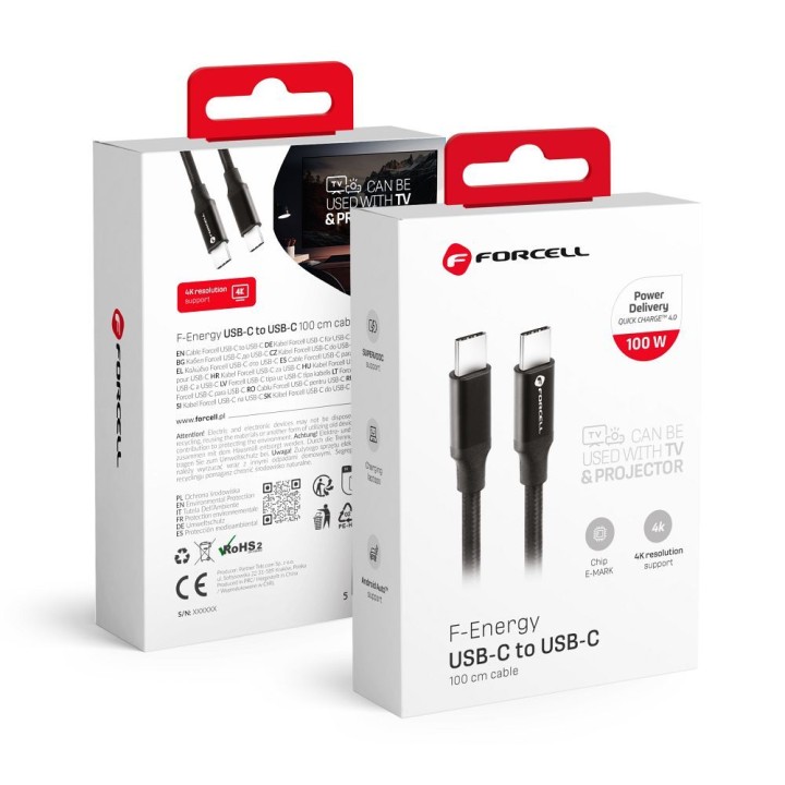 USB-C to USB-C cable Forcell F-Energy QC4.0 PD 5A 100W E-mark / 4K / Thunderbolt / 20Gbit/s 1 m C391 black