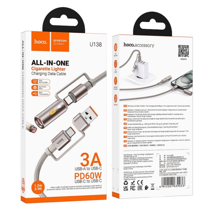 Cable All-in-one USB A / USB C to USB C / car cigarette lighter Hoco 3A 60W 1,2 m U138 grey