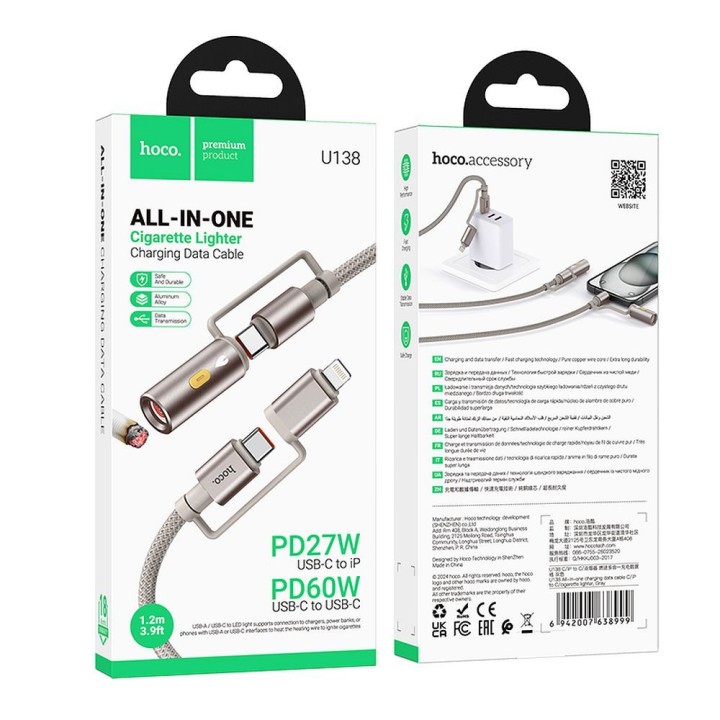 Cable All-in-one USB C / Lightning to USB C / car cigarette lighter Hoco PD 3A 60W 1,2 m U138 black