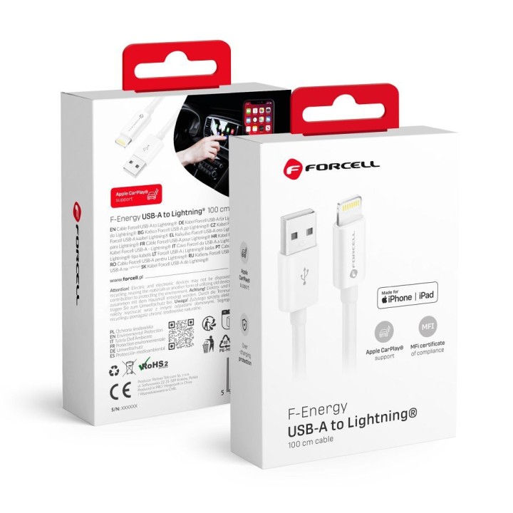 Cable USB A for Lightning Forcell F-Energy MFi 2,4A 12W 1 m C703 white
