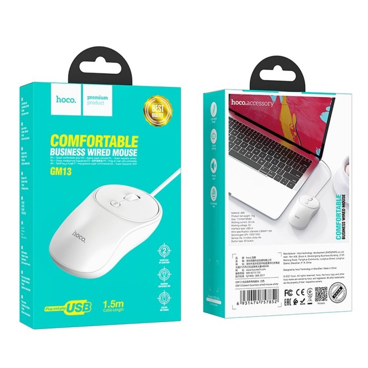 Wired mouse Hoco USB A 1600 dpi GM13 white