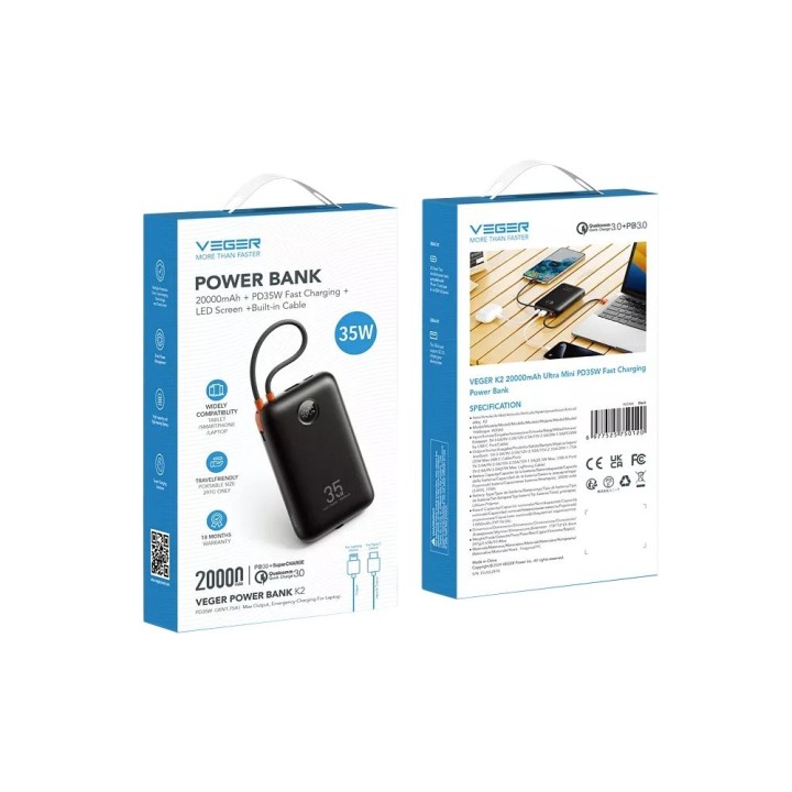 Повербанк Veger K2 (W2068) PD QC3.0 35W 20000 mAh со встроенными кабелями тип C / Lightning черный