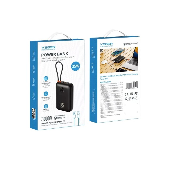 Повербанк Veger K3 (W3018) PD QC3.0 35W 30000 mAh с встроенными кабелями Тип C / Lightning черный