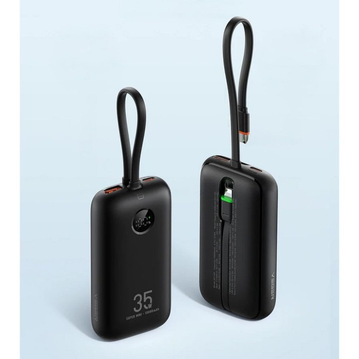 Powerbank Veger K1 (W1188)  PD QC3.0 35W 10000 mAh z wbudowanymi kablami USB C / Lightning czarny