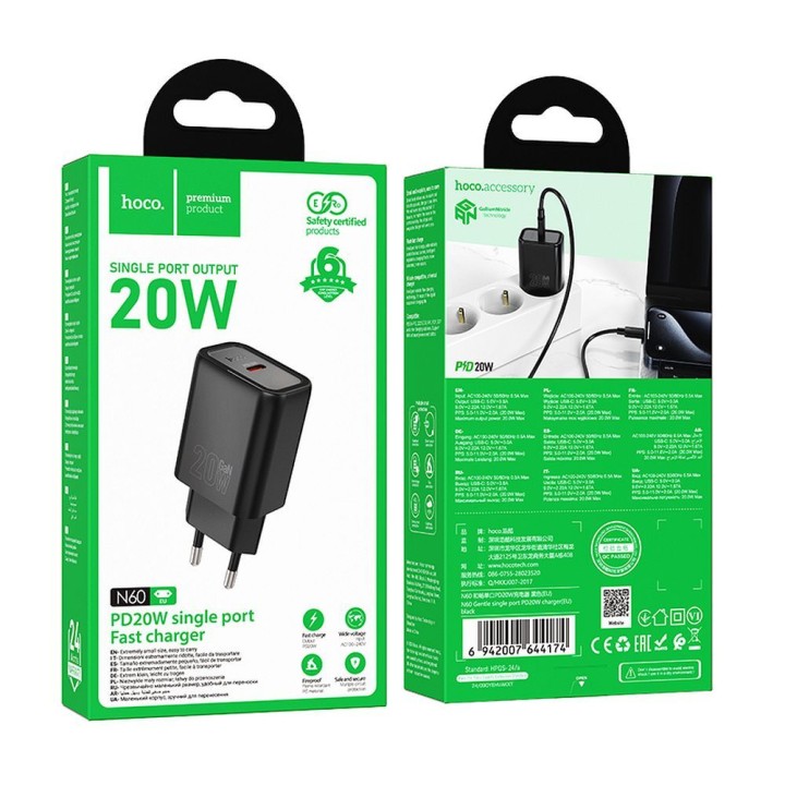 Wall charger for phone Hoco USB C QC PD 20W N60 black