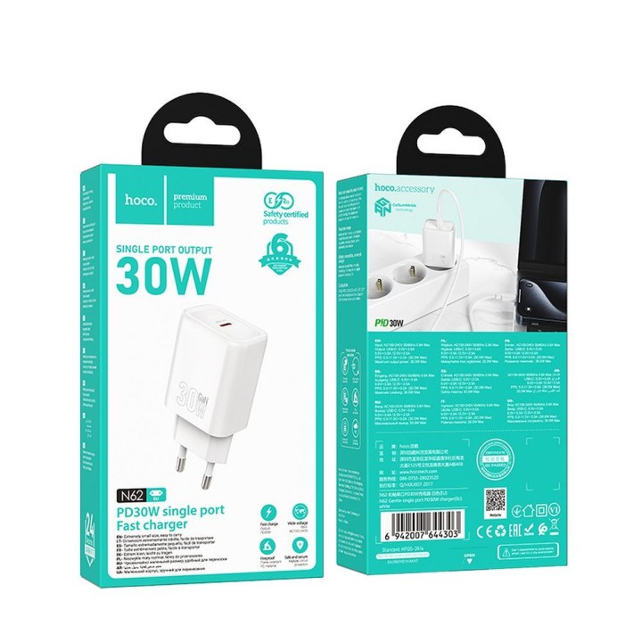 Ładowarka sieciowa do telefonu Hoco USB C QC PD 30W N62 biała