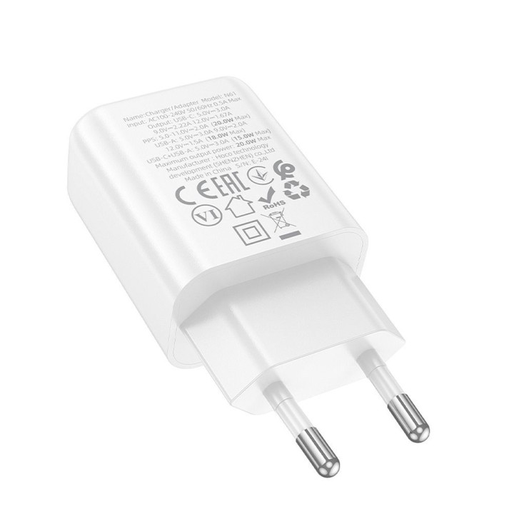 Wall charger for phone Hoco USB A + USB C QC3.0 PD 3A 20W N61 white