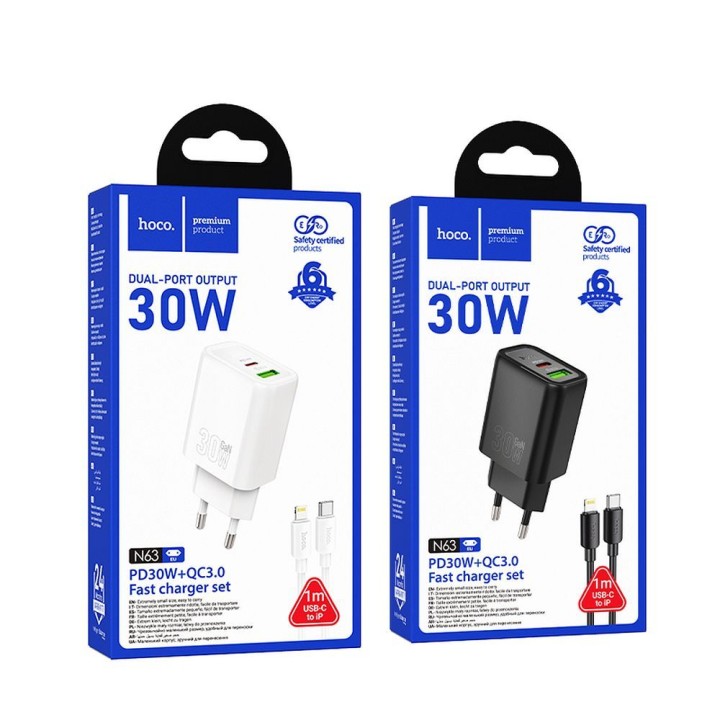 Wall charger for phone Hoco USB A + USB C QC3.0 PD 3A 30W + cable USB C to Lightning N63 black