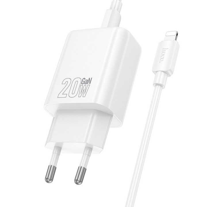 Сетевое зарядное устройство для телефона Hoco USB A + USB C QC3.0 PD 3A 20W + кабель USB-C – Lightning N61 белое