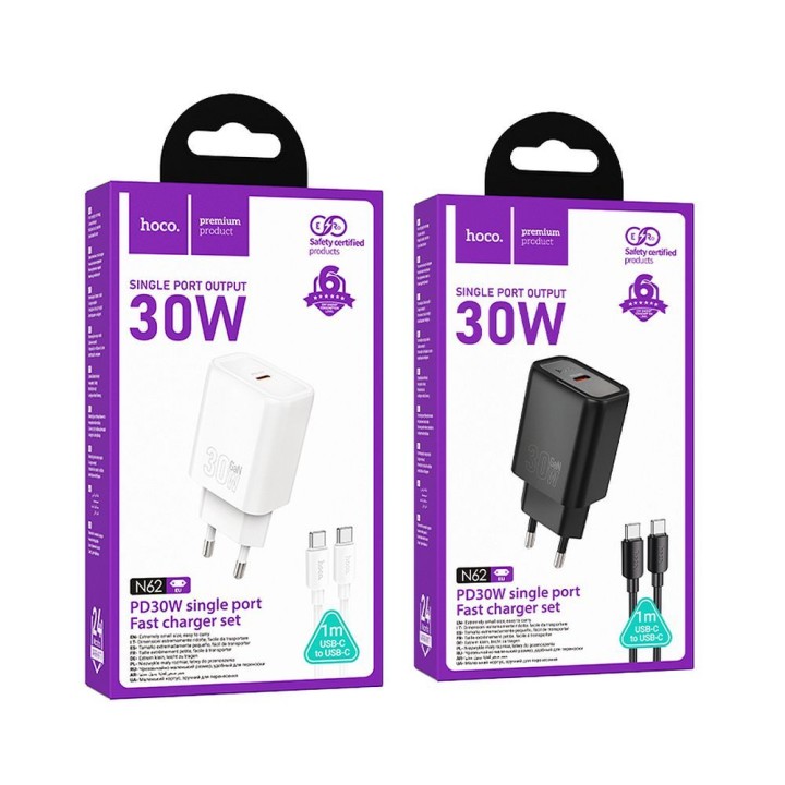 Сетевое зарядное устройство для телефона Hoco USB C QC PD 30W + кабель USB-C – USB-C N62 белое