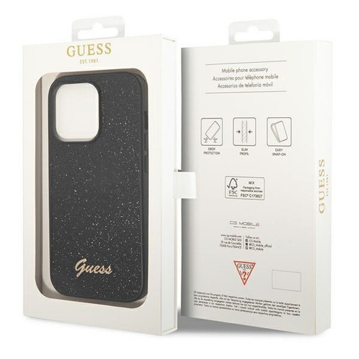 GUESS чохол для IPHONE 14 Pro GUHCP14LHGGSHK (Glitter Flakes Script Метал Логотип) чорний
