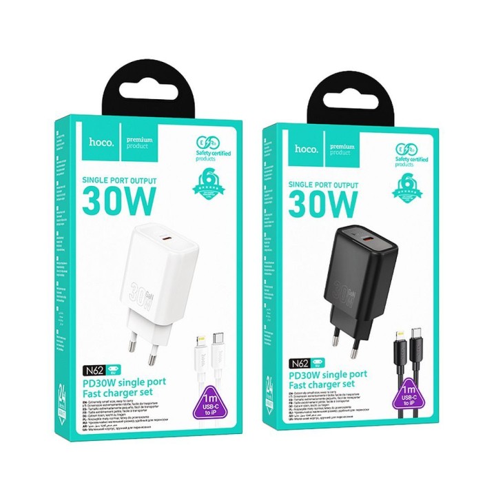 Wall charger for phone Hoco USB C QC PD 30W + cable USB C to Lightning N62 black
