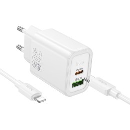 Wall charger for phone Hoco USB A + USB C QC3.0 PD 3A 30W + USB-C to Lightning cable N63 white