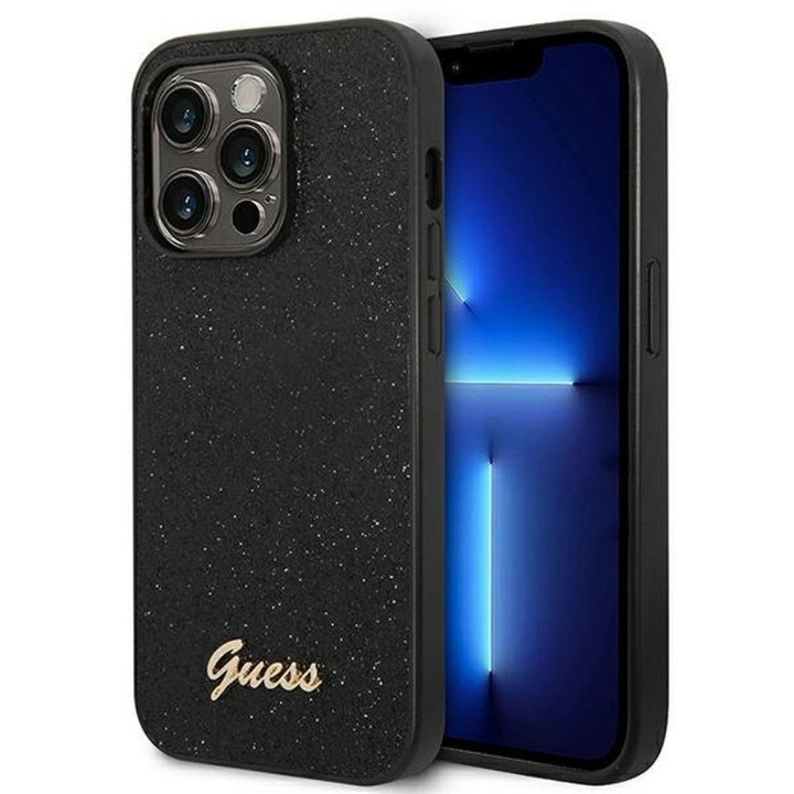 GUESS чохол для IPHONE 14 Pro GUHCP14LHGGSHK (Glitter Flakes Script Метал Логотип) чорний
