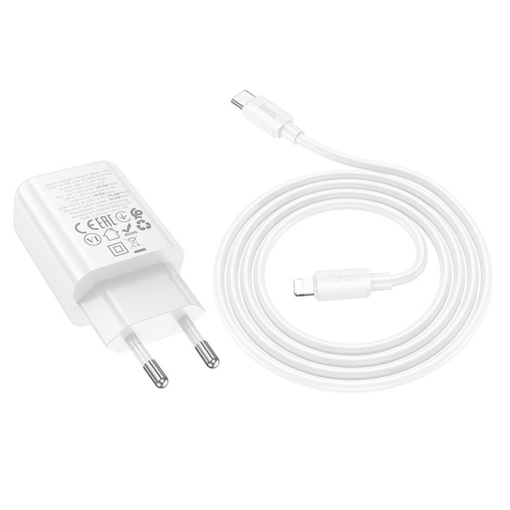 Wall charger for phone Hoco USB A + USB C QC3.0 PD 3A 30W + cable USB C to Lightning N63 white