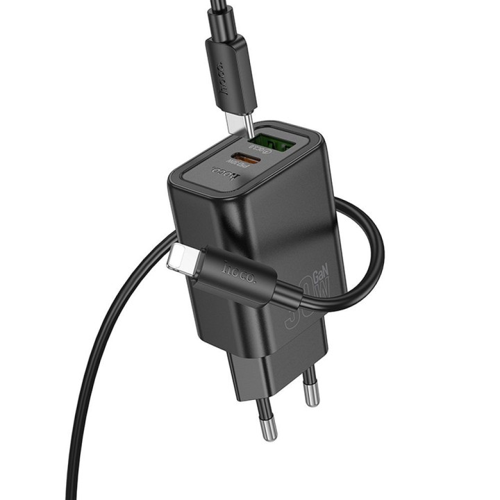 Wall charger for phone Hoco USB A + USB C QC3.0 PD 3A 30W + cable USB C to Lightning N63 black